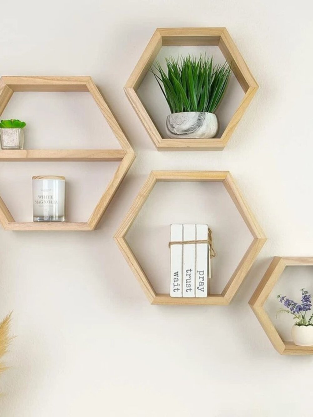 LABEND HOME Extra Large Hexagon Shelves Set of 4 Floating Natural NEW